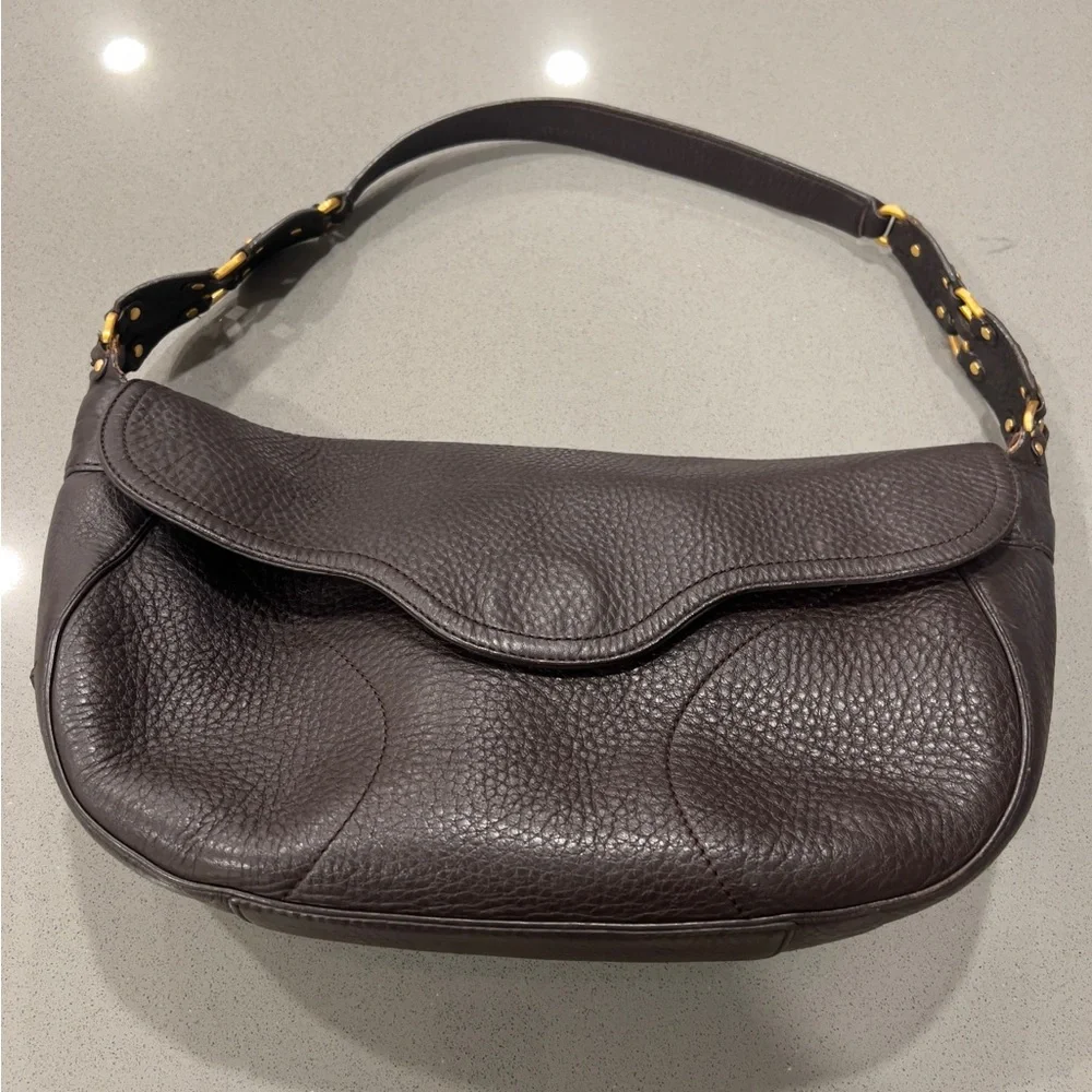 Cole Haan Dark Brown Leather Shoulder Bag With Gold Hardware. - Picture 1 of 13